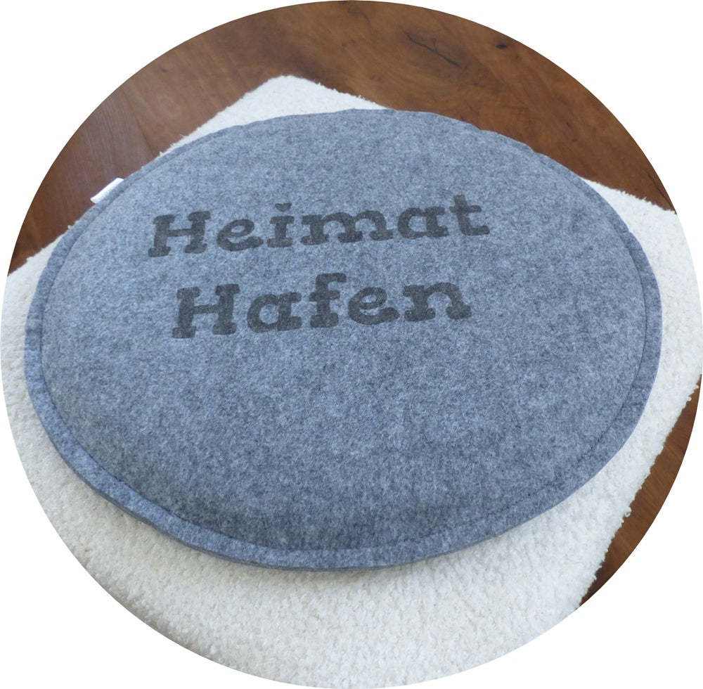 Sitzkissen Filz rund 34 cm, Lasergravur HeimatHafen