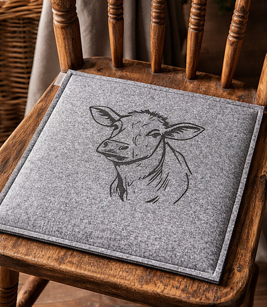 Sitzkissen aus Filz mit Lasergravur – Handgefertigt mit edlem Kuhmotiv