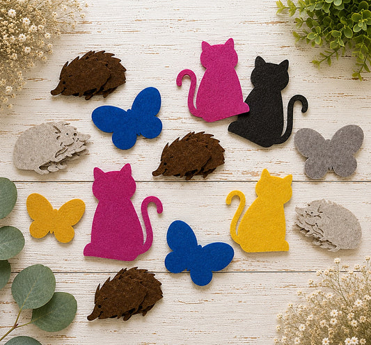 Bunte Filz-Streuteile mit verschiedenen Tiermotiven aus Polyesterfilz zum Basteln und Dekorieren