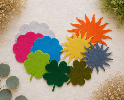 Filz-Streuteile Pflanzen und Natur aus Polyesterfilz mit Baum, Blatt, Blume, Sonne, Tanne, Wolke und Kleeblatt in verschiedenen Farben