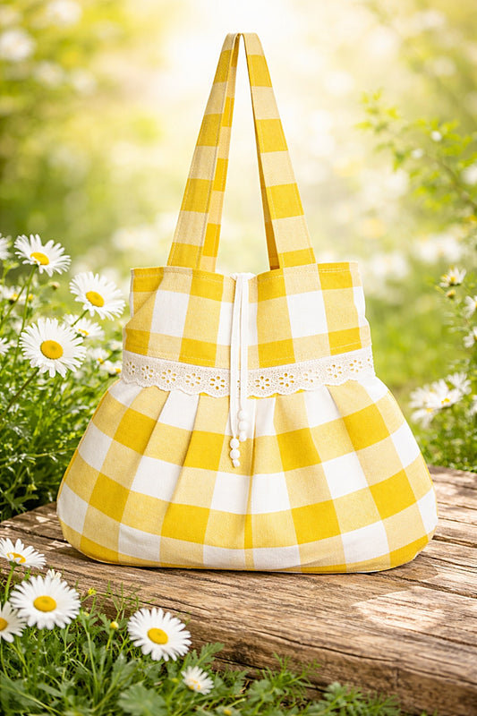 Baumwolle Schultertasche gelb-weiß kariert mit Spitze