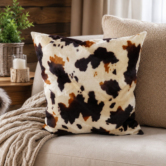 Weicher Kissenbezug aus Fellimitat im beige braunen Kuhflecken Design auf Sofa im gemütlichen Landhausstil
