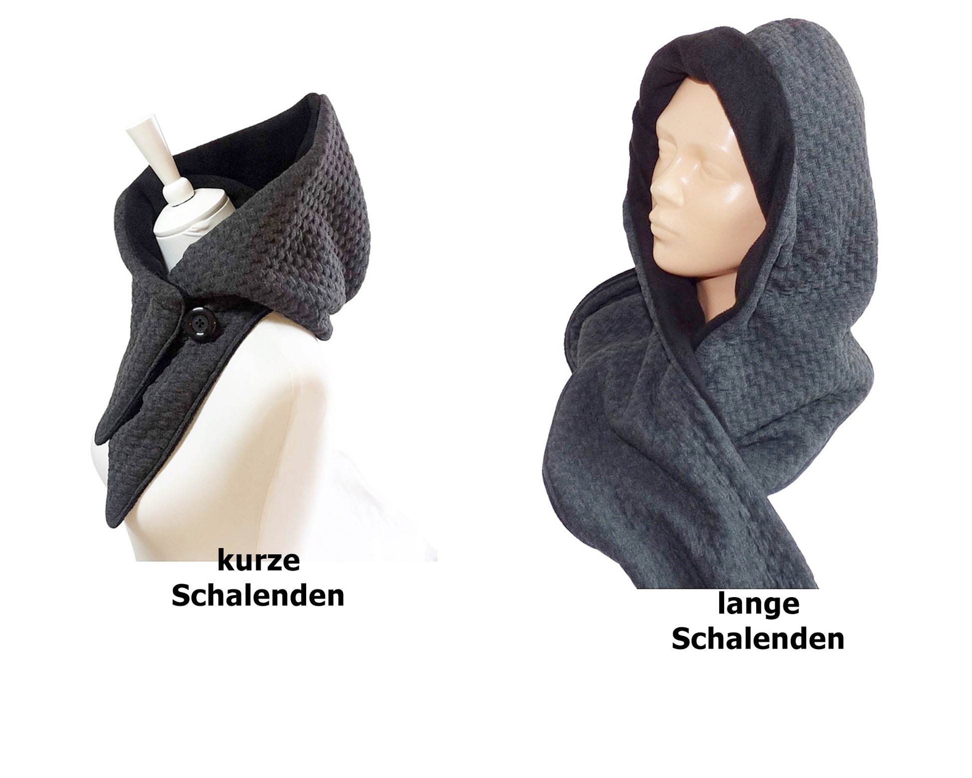 Handgefertigter Kapuzenschal aus Jacquardstoff mit weichem Fleecefutter und individuell regulierbarer Kapuze.