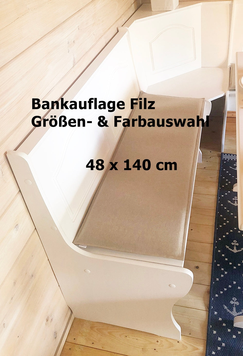 Handgefertigte gepolsterte Bankauflage aus Polyesterfilz in 48 x 140 cm ein- oder zweifarbig mit wählbarer Schaumstoffstärke