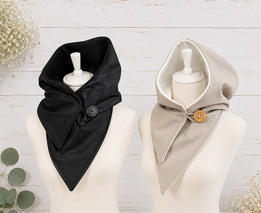 Handgefertigter Softshell Kapuzenschal mit weichem Fleecefutter, Knopfverschluss und individuell wählbarer Farbkombination