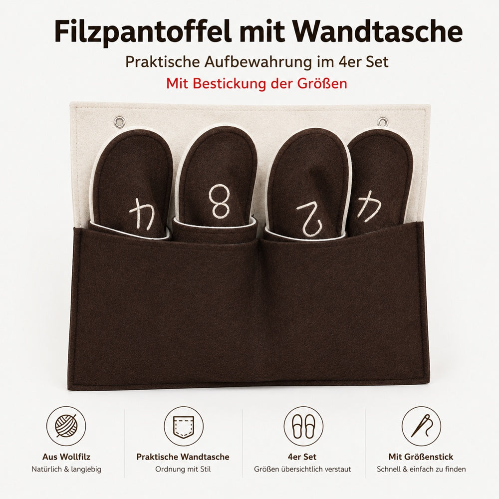 Wollfilz Pantoffeln mit Wandtasche für Gäste in braun natur