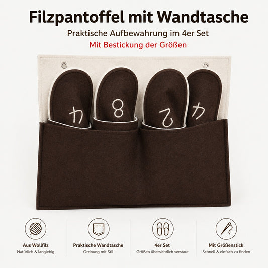 Wollfilz Pantoffeln mit Wandtasche für Gäste in braun natur